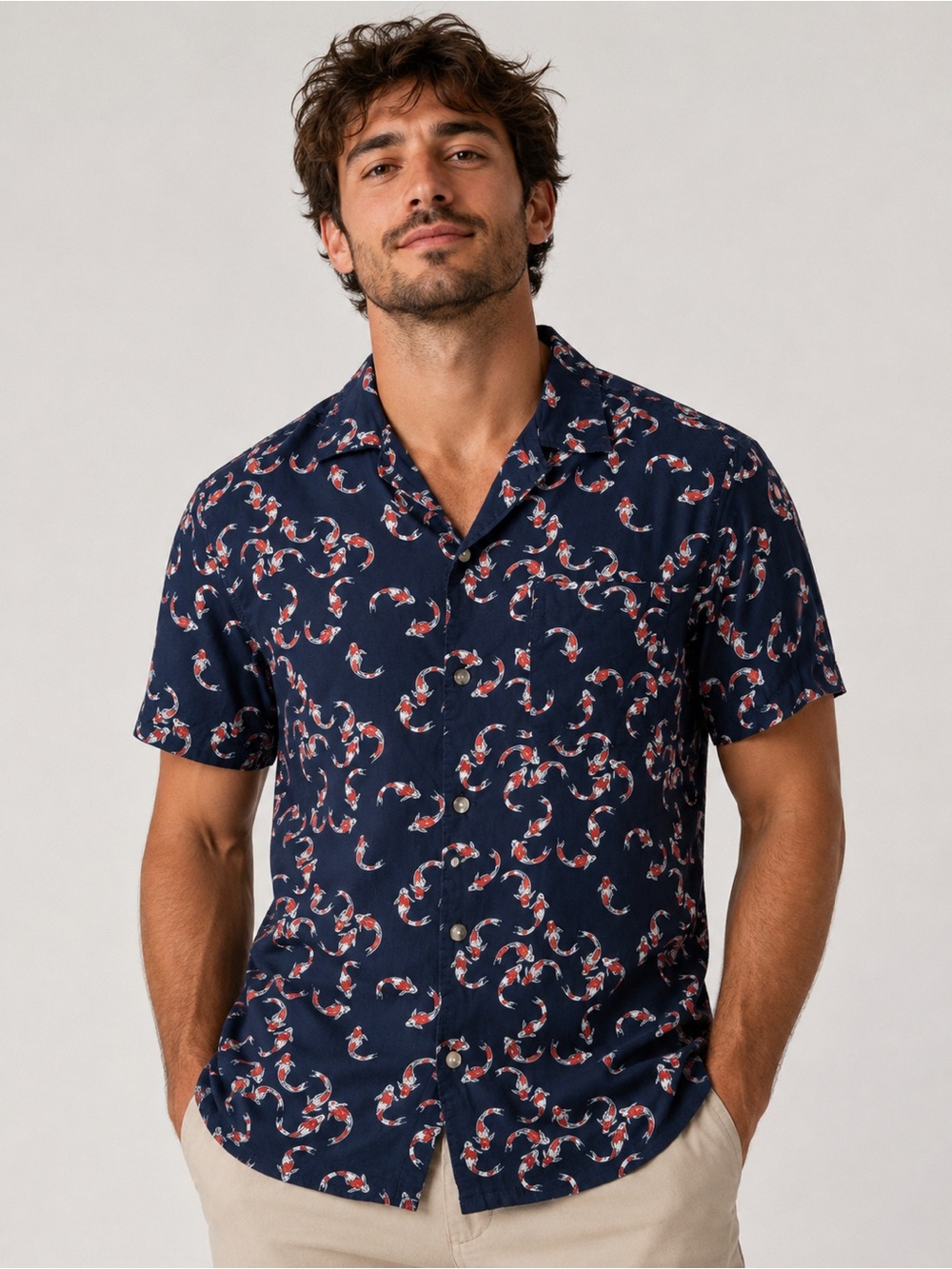 Goodfellow & Co Navy Short-Sleeve Button-Down with Red and White Koi Fish Print